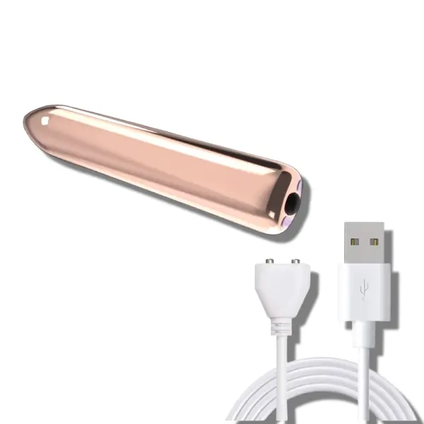 A sleek gold mini vibrating bullet shown with its white magnetic USB charging cable, highlighting its compact and discreet design.