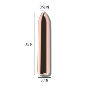 Front view of the gold mini vibrating bullet with measurements labeled as 3.5 inches in length, 0.59 inches at the tip, and 0.7 inches at its widest point.