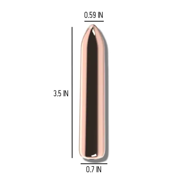 Front view of the gold mini vibrating bullet with measurements labeled as 3.5 inches in length, 0.59 inches at the tip, and 0.7 inches at its widest point.