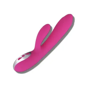 Angled view of the Heated Rabbit Vibrator in hot pink, featuring a sleek dual-arm design for internal and external stimulation.