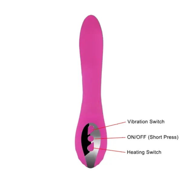 Heated Rabbit Vibrator shown with labeled buttons for vibration, heating, and power functions, clearly highlighting user-friendly controls.