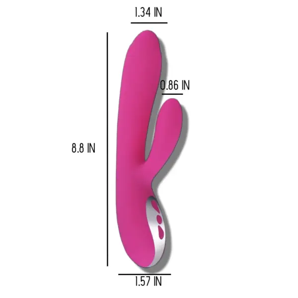 Heated Rabbit Vibrator measured at 8.8 inches long with a 1.34-inch wide shaft and 0.86-inch clitoral arm, providing visual specs for size reference.