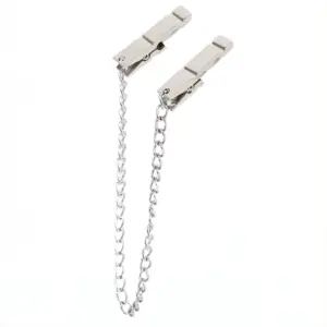 Pair of silver metal nipple clamps connected by a chain, displayed in a clean layout to showcase the minimalist, industrial style.