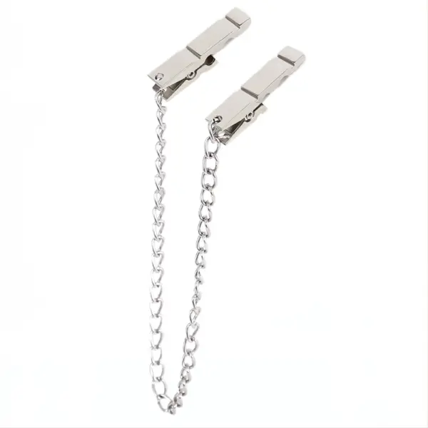 Pair of silver metal nipple clamps connected by a chain, displayed in a clean layout to showcase the minimalist, industrial style.