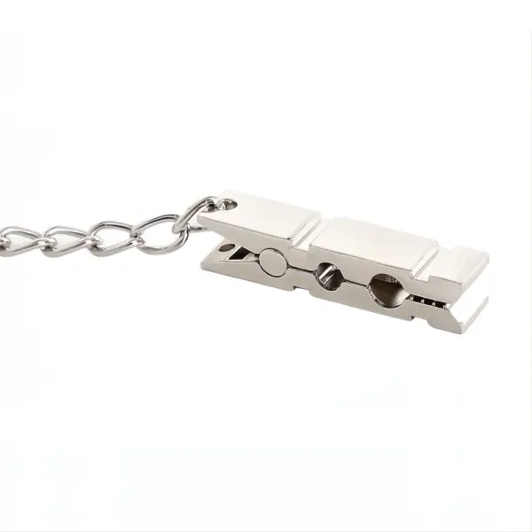Detailed side view of one silver metal nipple clamp attached to the chain, highlighting the internal grip mechanism and polished finish.