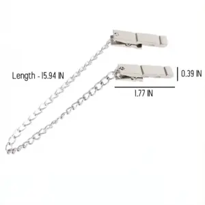 Close-up of silver metal nipple clamps connected by a 15.94-inch chain, with labeled dimensions showing each clamp measuring 1.77 inches long and 0.39 inches wide.