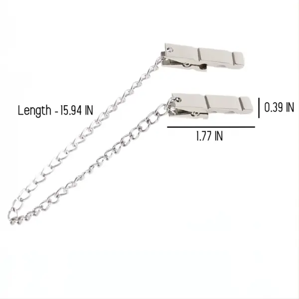 Close-up of silver metal nipple clamps connected by a 15.94-inch chain, with labeled dimensions showing each clamp measuring 1.77 inches long and 0.39 inches wide.