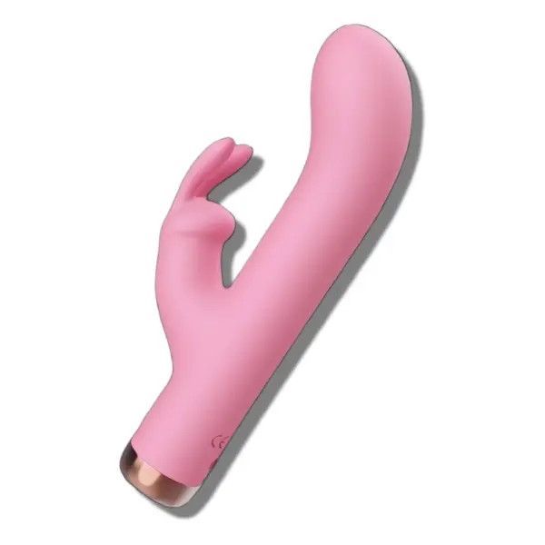 Pink Mini Rabbit Vibrator featuring dual stimulating tips and a slightly curved shaft for targeted internal and clitoral stimulation.