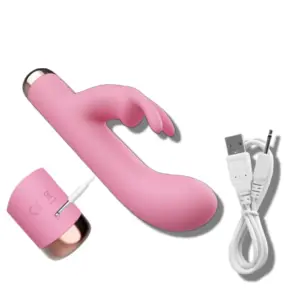 Mini Rabbit Vibrator in soft pink, shown with a detachable charging cap and USB charging cable for easy power-up.