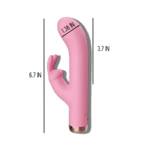 Mini Rabbit Vibrator in pink with measurements labeled—6.7 inches in total length, 3.7 inches insertable length, and 1.38 inches at its widest point.