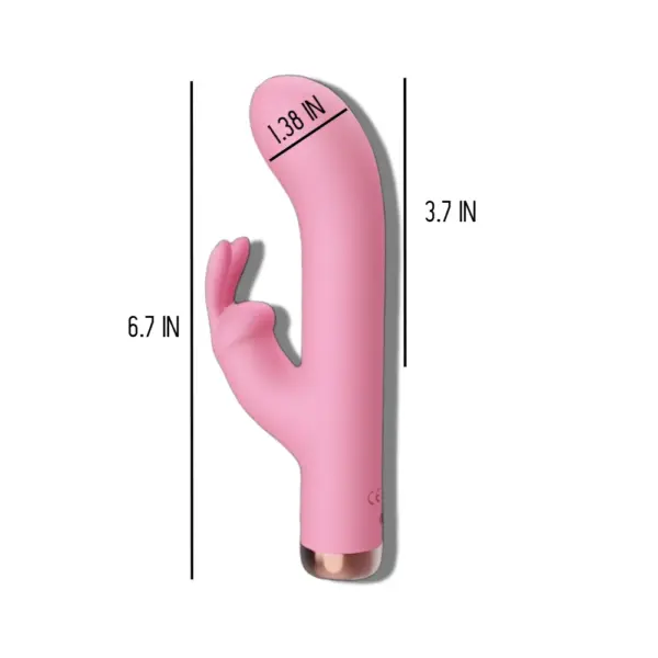 Mini Rabbit Vibrator in pink with measurements labeled—6.7 inches in total length, 3.7 inches insertable length, and 1.38 inches at its widest point.