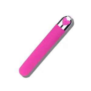 Isolated image of the Pink Rechargeable Bullet Vibrator lying flat, featuring a vibrant pink silicone body and a heart-shaped control button.