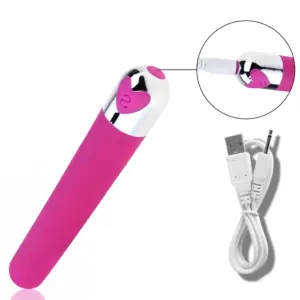 Pink Rechargeable Bullet Vibrator shown with its USB charging cable, highlighting the charging port on the metallic base.