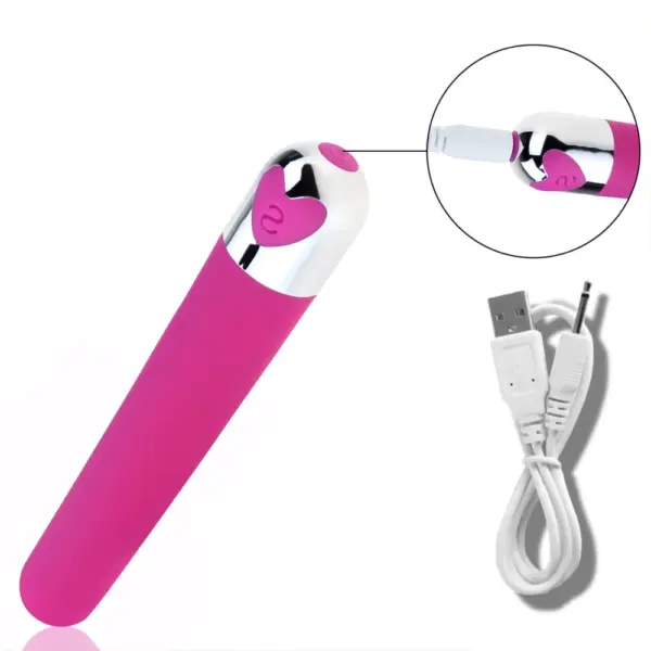 Pink Rechargeable Bullet Vibrator shown with its USB charging cable, highlighting the charging port on the metallic base.