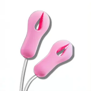 Close-up of two pink vibrating nipple clamps with teardrop-shaped silicone tips and inner textured ridges for added stimulation.