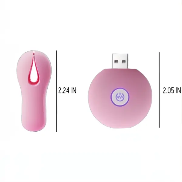 Close-up of one pink vibrating nipple clamp and its USB remote, showing product dimensions — 2.24 inches for the clamp and 2.05 inches for the charger.