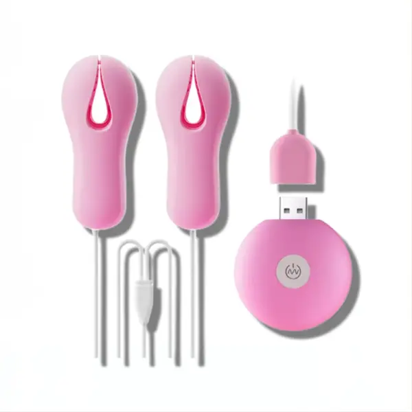 Full product layout featuring two pink vibrating nipple clamps, USB cable with Y-splitter, and a circular USB remote control with a power button.