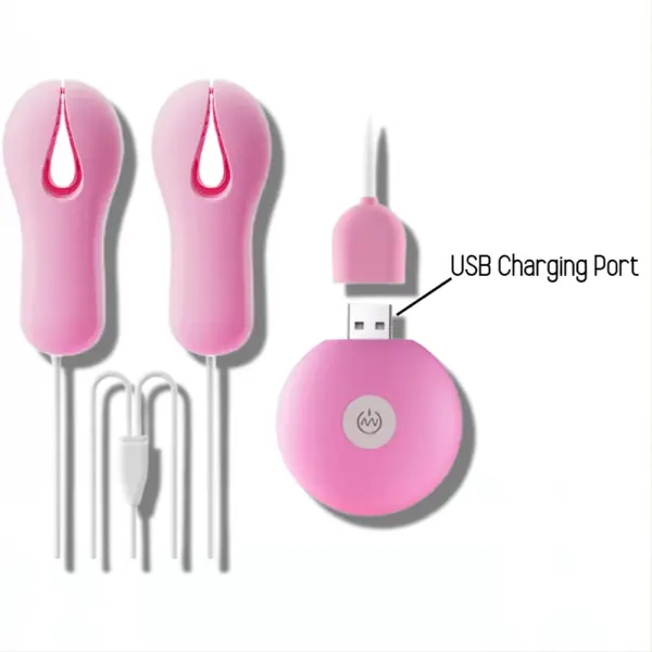 Two pink vibrating nipple clamps alongside a USB charging base with the port labeled. Includes plug-in charging cables displayed next to the device.