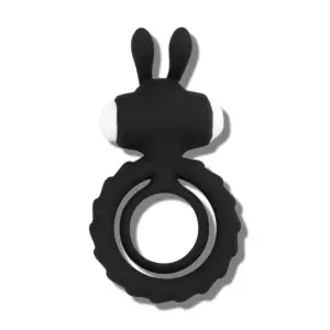 Black rabbit cock ring vibrator with raised textured outer ring and upright bunny ears designed to enhance partner pleasure.