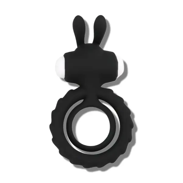 Black rabbit cock ring vibrator with raised textured outer ring and upright bunny ears designed to enhance partner pleasure.