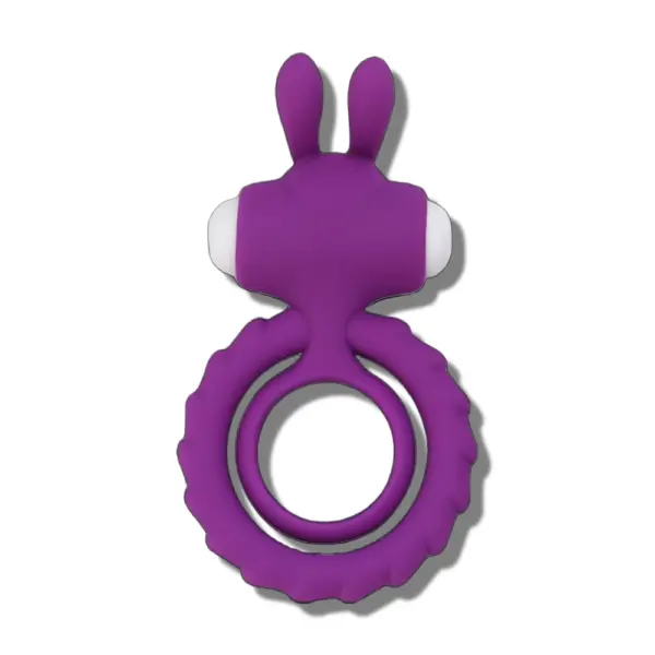 Purple rabbit cock ring vibrator with dual stretchy rings and soft silicone bunny ears for clitoral stimulation and shared pleasure.