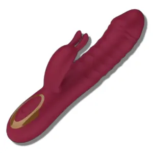 Product shot of the Realistic Thrusting Rabbit Vibrator with textured ridges and ergonomic curves designed for internal and external stimulation.