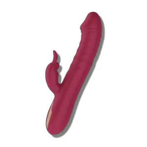 Side view of the Realistic Thrusting Rabbit Vibrator in burgundy, showing its lifelike ridged shaft and curved clitoral stimulator with a sculpted rabbit ear design.