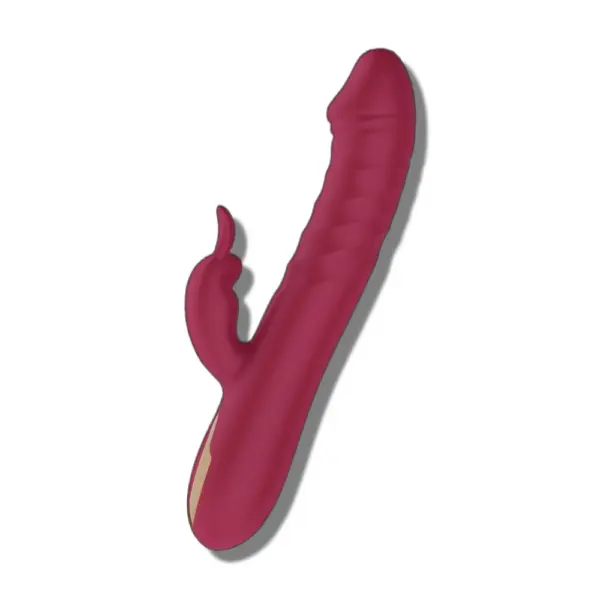 Side view of the Realistic Thrusting Rabbit Vibrator in burgundy, showing its lifelike ridged shaft and curved clitoral stimulator with a sculpted rabbit ear design.