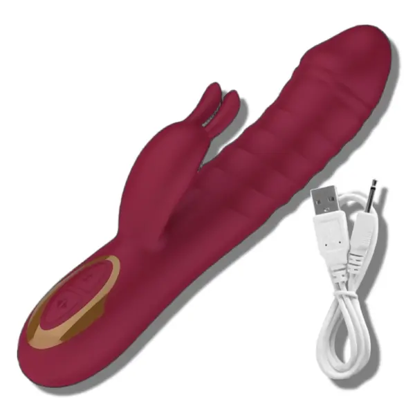 Burgundy Realistic Thrusting Rabbit Vibrator shown with its USB charging cable, featuring a streamlined shaft and rabbit-style clitoral arm.