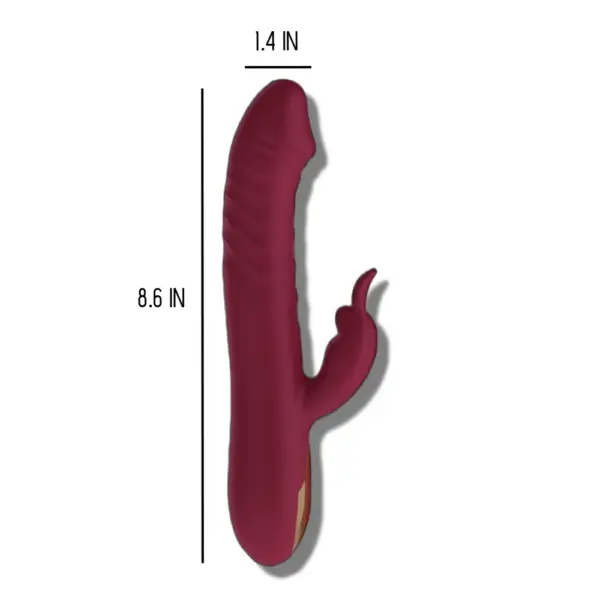 Dimensions of the Realistic Thrusting Rabbit Vibrator displayed: 8.6 inches long and 1.4 inches wide, highlighting the lifelike detailing on the shaft and dual stimulation arm.