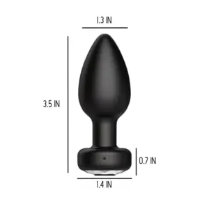 A sleek black remote controlled butt plug with a tapered tip, measuring 3.5 inches long and 1.3 inches wide, shown from a front-facing side profile with base diameter of 1.4 inches.