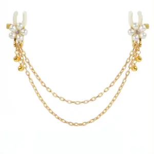 Sexy nipple clamps linked by two delicate gold chains, with flower pearl details and tiny bells on each clamp.