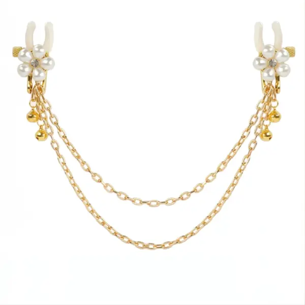 Sexy nipple clamps linked by two delicate gold chains, with flower pearl details and tiny bells on each clamp.