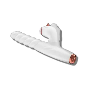 Angled view of the white thrusting dildo with a twisted shaft and a detailed unicorn-head suction stimulator, featuring rose gold accent details at both ends.