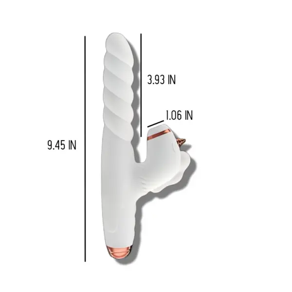Side view of a white thrusting dildo with a unicorn-shaped clitoral stimulator attachment. The dildo portion is 9.45 inches long with an insertable length of 3.93 inches, and the unicorn stimulator is 1.06 inches wide.