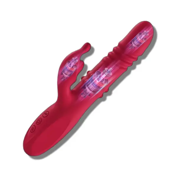 Thrusting Rabbit Vibrator with a transparent view showcasing three internal motors for simultaneous thrusting, rotation, and clitoral vibration.