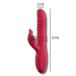 Thrusting Rabbit Vibrator in red shown with labeled dimensions: 9.13 inches in length, 1.22-inch diameter at the tip, and 1.1-inch diameter at the clitoral stimulator.
