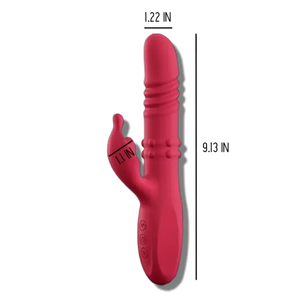 Thrusting Rabbit Vibrator in red shown with labeled dimensions: 9.13 inches in length, 1.22-inch diameter at the tip, and 1.1-inch diameter at the clitoral stimulator.