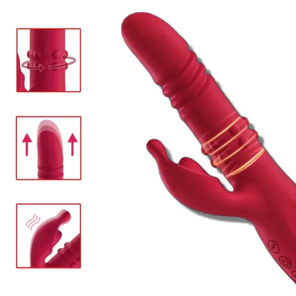 Graphic showing the Thrusting Rabbit Vibrator’s rotating beads, thrusting shaft, and vibrating clitoral arm, with icons for each mode of stimulation.