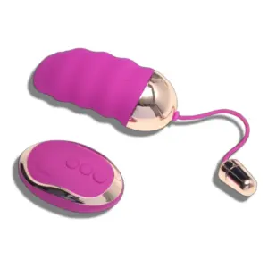 Waterproof egg vibrator with a soft, textured finish shown next to its compact remote control, both in matching purple and gold.
