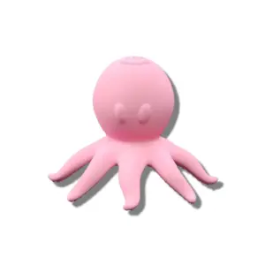 Front view of the pink octopus vibrator with suction, shaped like a cartoonish octopus with smooth silicone and a cute, discreet design.
