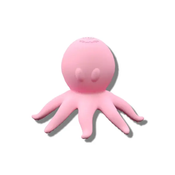 Front view of the pink octopus vibrator with suction, shaped like a cartoonish octopus with smooth silicone and a cute, discreet design.