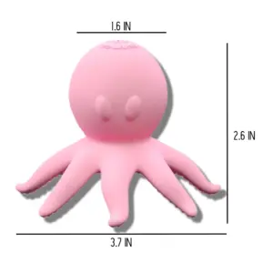 Pink octopus vibrator with suction shown with dimensions: 2.6 inches tall, 3.7 inches wide, and 1.6-inch head diameter, compact and playful.