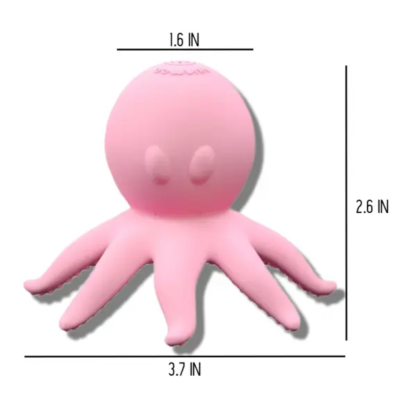 Pink octopus vibrator with suction shown with dimensions: 2.6 inches tall, 3.7 inches wide, and 1.6-inch head diameter, compact and playful.