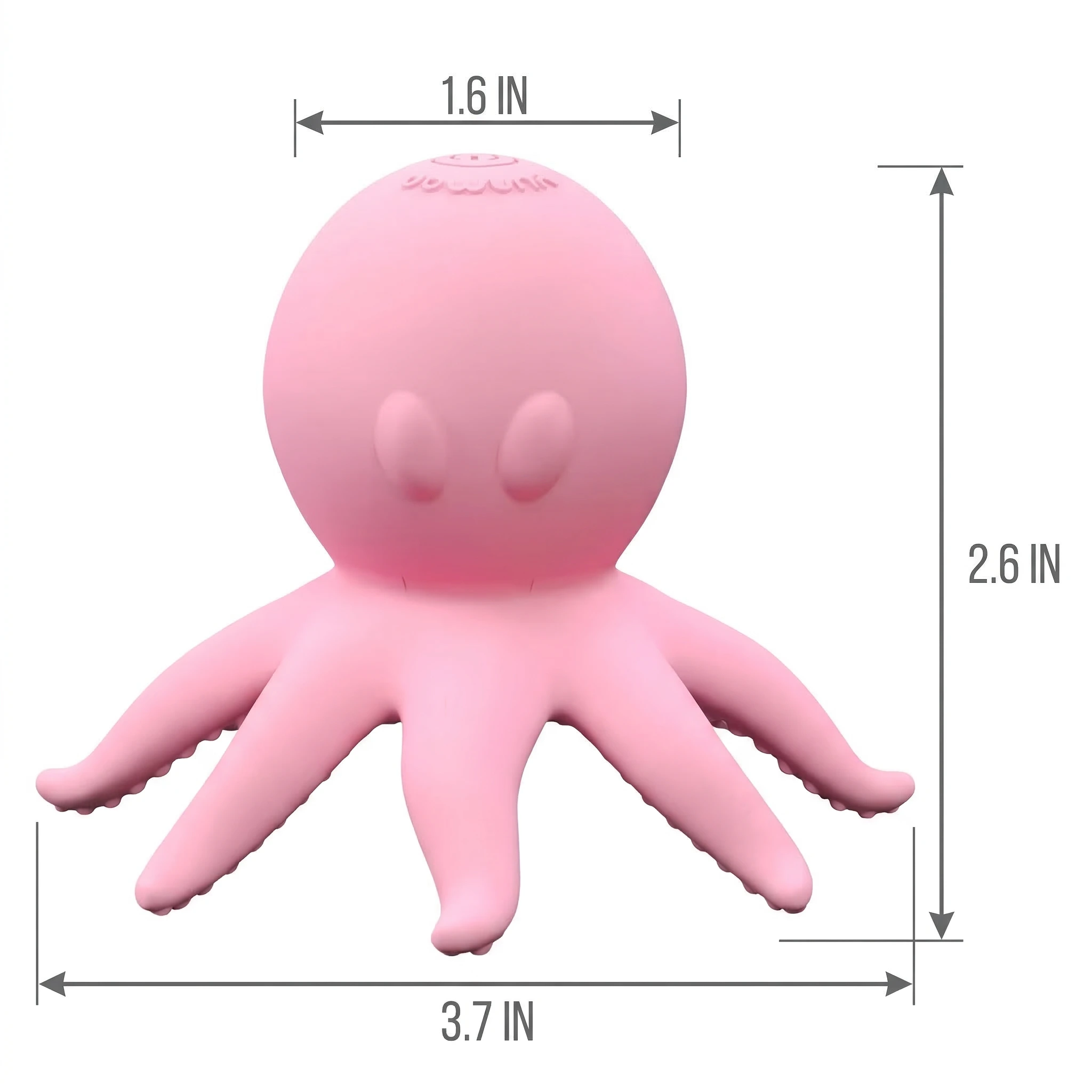 OctoVibes pink octopus-shaped stimulator with labeled dimensions showing 3.7 inches width, 2.6 inches height, and 1.6 inches top diameter