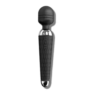 Black rechargeable wand vibrator with silver accents and a diamond-textured handle, designed for both comfort and power.