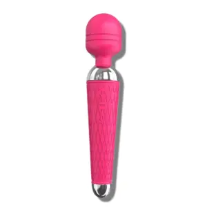 Rechargeable wand vibrator in bold red with silver detailing and a textured handle, combining elegance with performance.