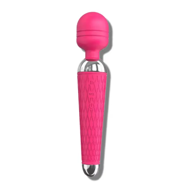 Rechargeable wand vibrator in bold red with silver detailing and a textured handle, combining elegance with performance.