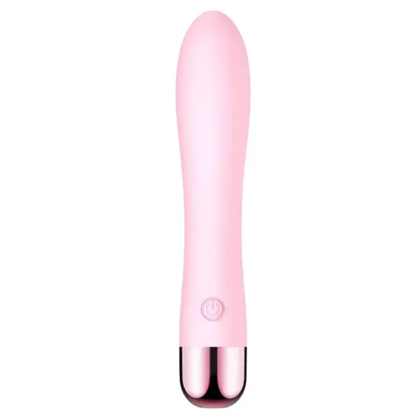 Pink 10 mode waterproof vibrating dildo displayed upright with a sleek tapered tip and rose-gold metallic base.