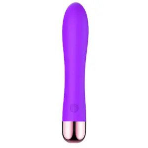 Purple 10 mode waterproof vibrating dildo shown standing vertically with smooth rounded head and rose-gold trim.